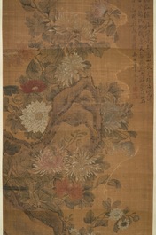 Yun Shou Ping (Chine, 1633-1690): Fleurs sur un rocher, encre et couleurs sur soie, mont&eacute;